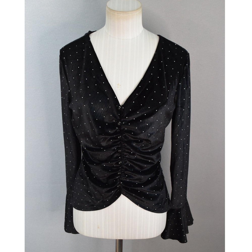 BCBGMAXAZRIA Top Velvet Black Silver Ruched Bell Sleeve Small Dot Whimsygoth